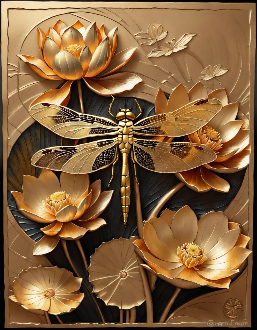 Gold Dragonfly on Lotus Texture Art in Art Deco Style