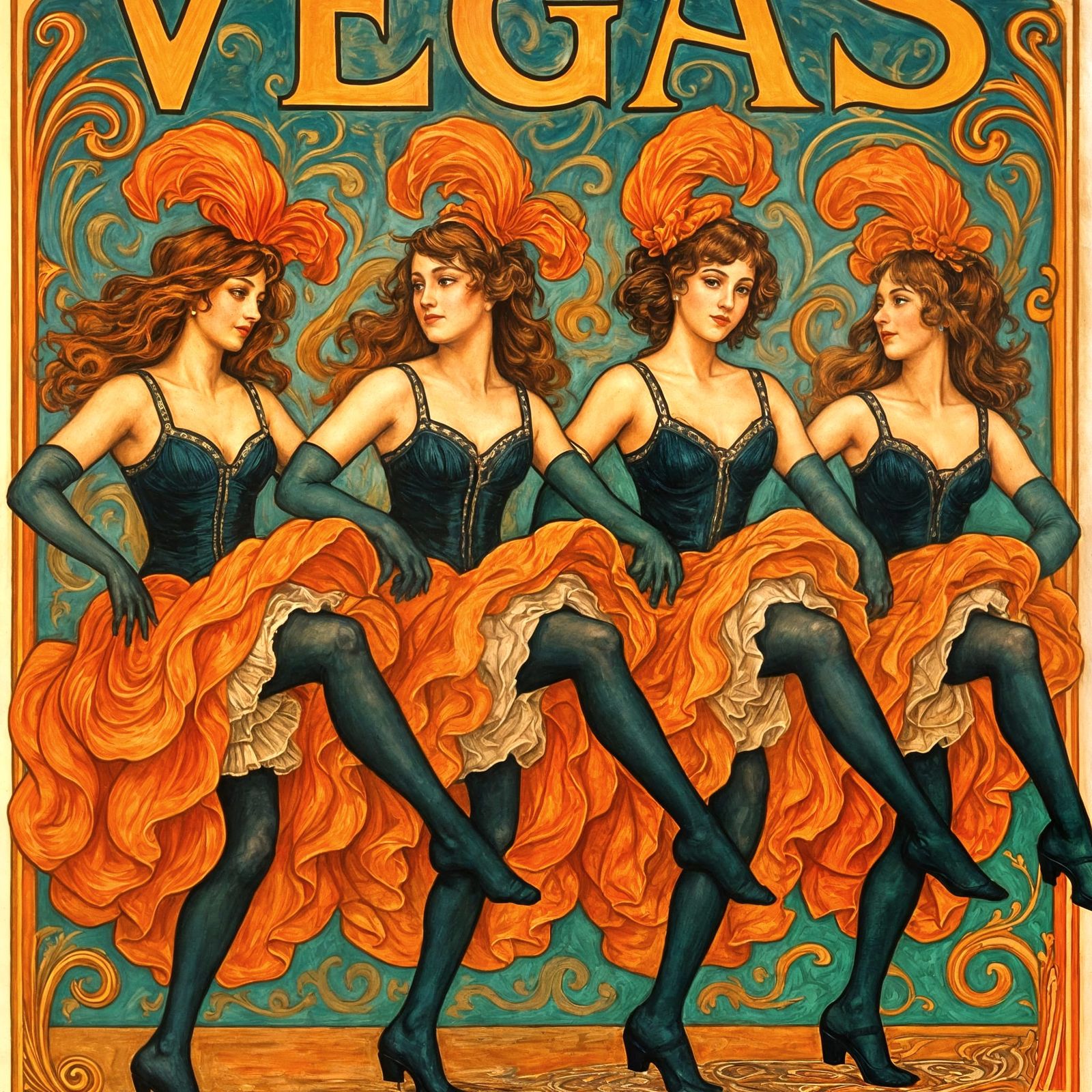 Vegas Cabaret Showgirls in Art Nouveau Style