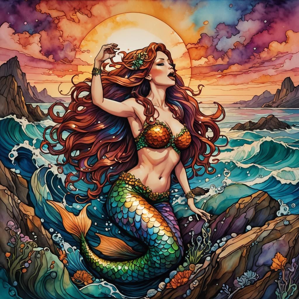 Yawning Mermaid, Alcohol Ink, Deep Saturation, 👩🏼🔬🛰️rock sunset, j Scott Campbell, Michael Turner
