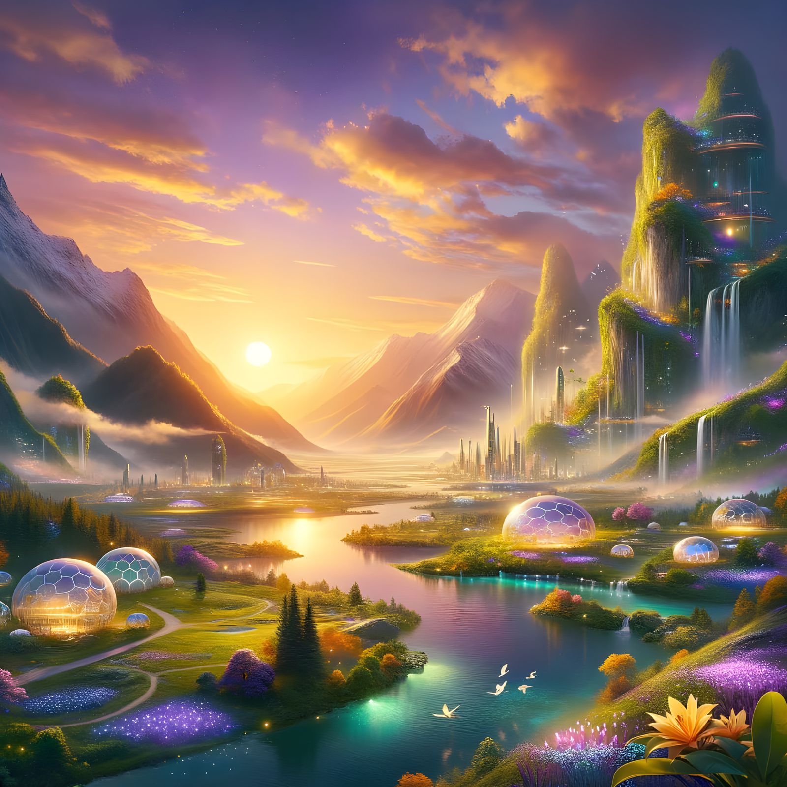 Harmonious Utopia: Serene Valley with Futuristic Elements