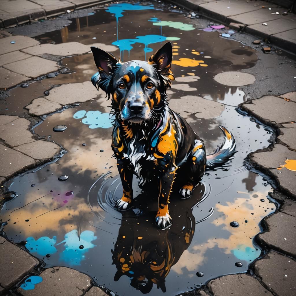 Dog in Ink Puddle: Graffiti Splash Art