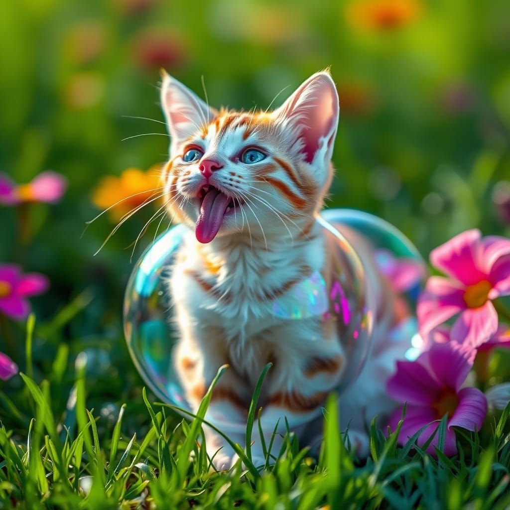 Iridescent Bubble Cat on Green Grass