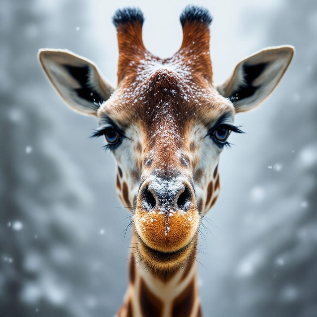 Realistic Giraffe Portrait in Snowy Landscape