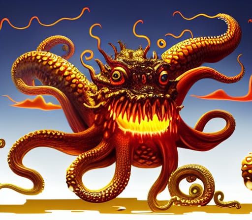 Golden Octopus-Dragon Guarding Corn, Art Nouveau Style