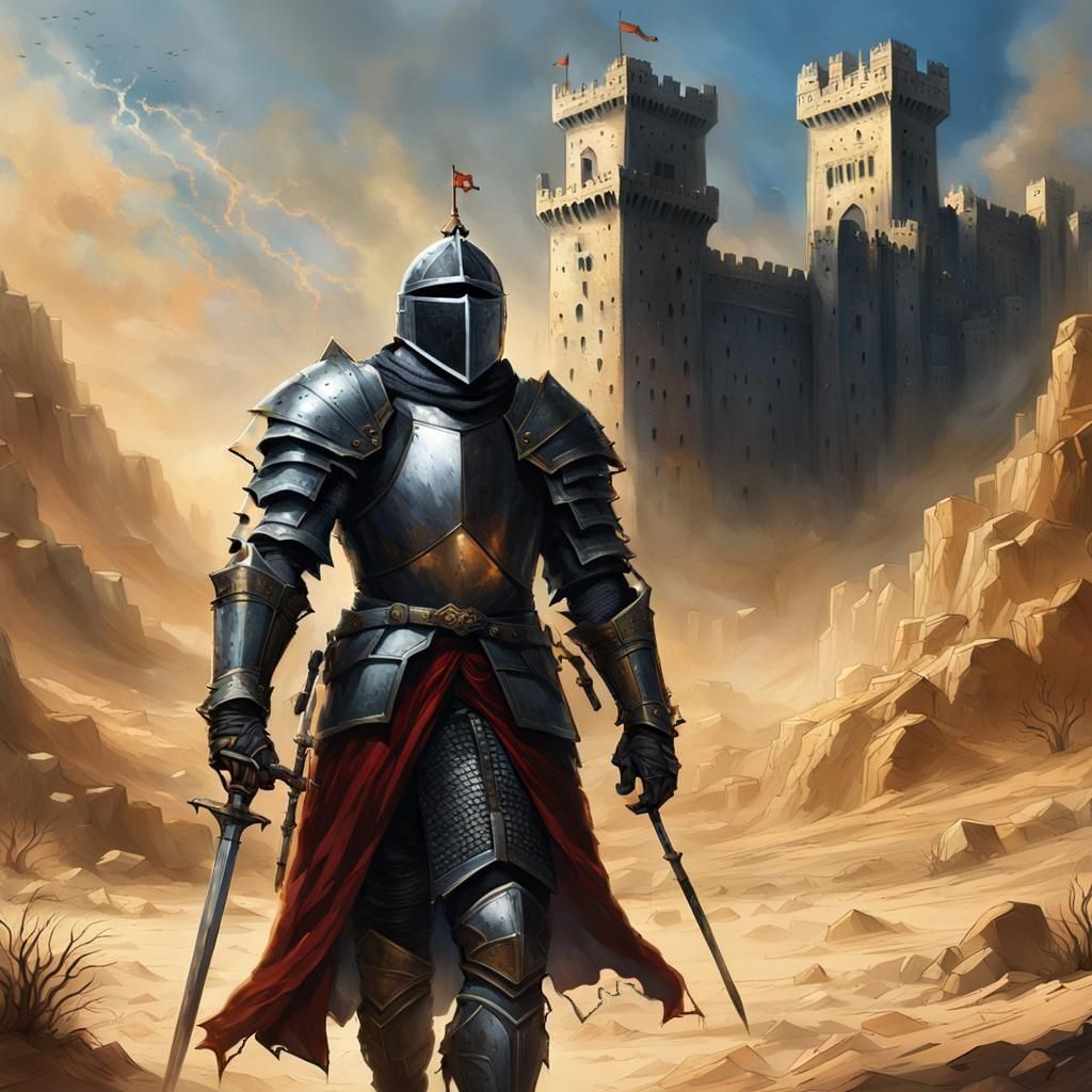 Epic Fantasy Knight in Desert Landscape