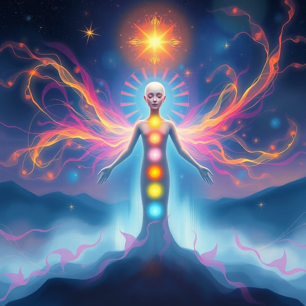 Ethereal Being in Cosmic Aura with 7 Chakras