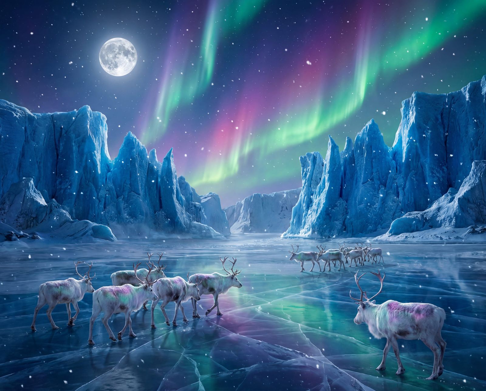 Caribou Herd in Aurora Borealis Arctic Landscape