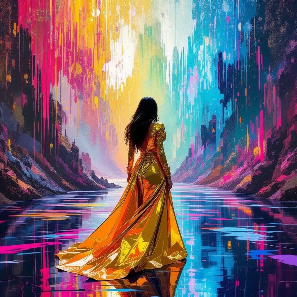 Woman in Surreal Quantum Landscape with Renaissance Elements