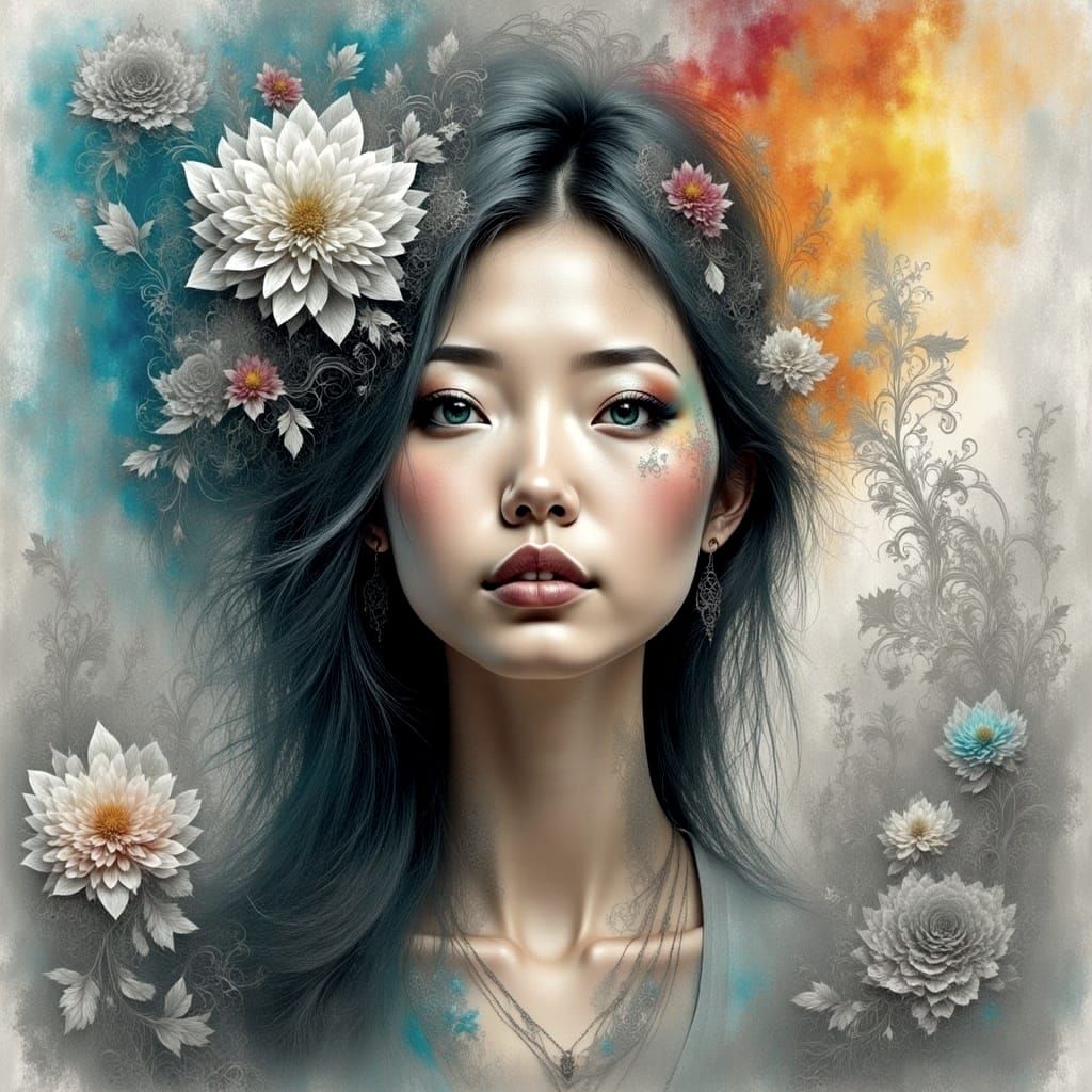 Rainbow Floral Portrait in Watercolor Style