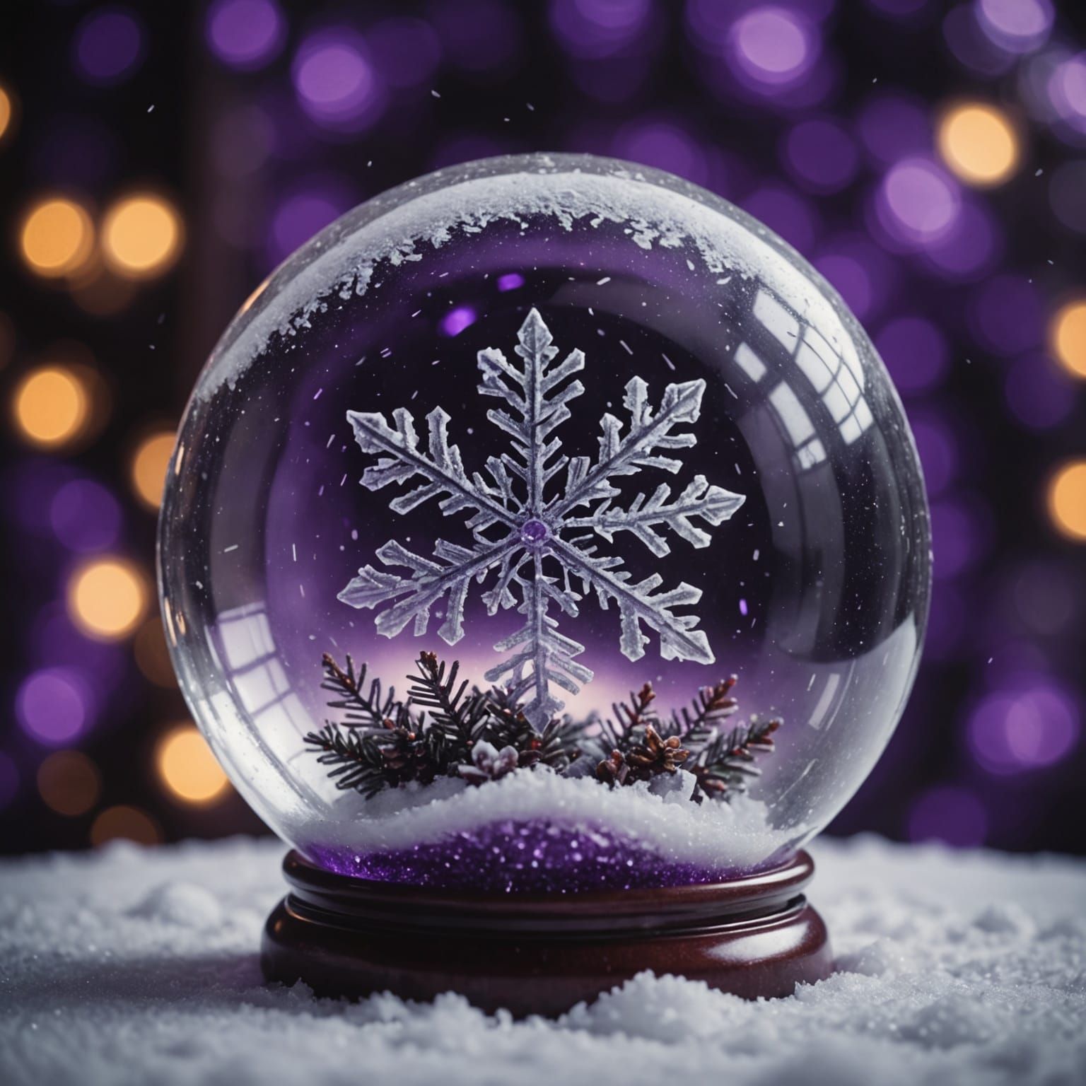 Ethereal Crystal Ball Scene with Purple Snowflakes
