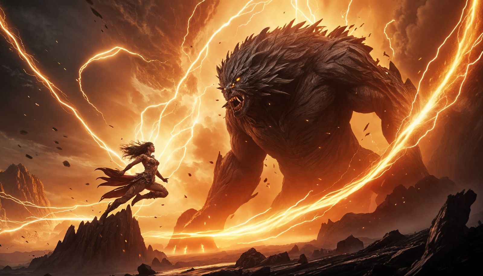 Goddess Battles Shadow Titan in Epic Style