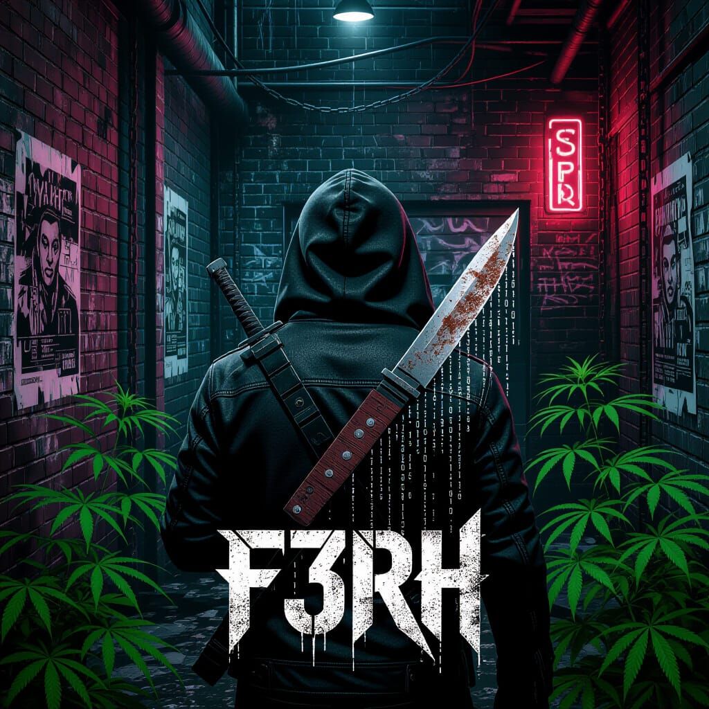 Cyberpunk Hacker in Dystopian City with Binary Rain