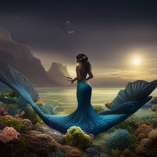 Blue Scaled Mermaid in a Daisy Dress