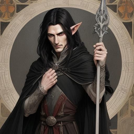 High Elf Sorcerer in Mucha-Inspired Fantasy Style