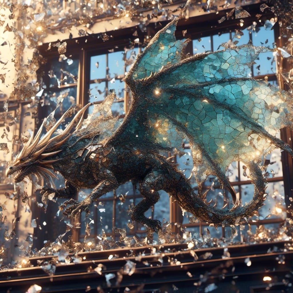 City Dragon Seen Through Cracked Glass Window