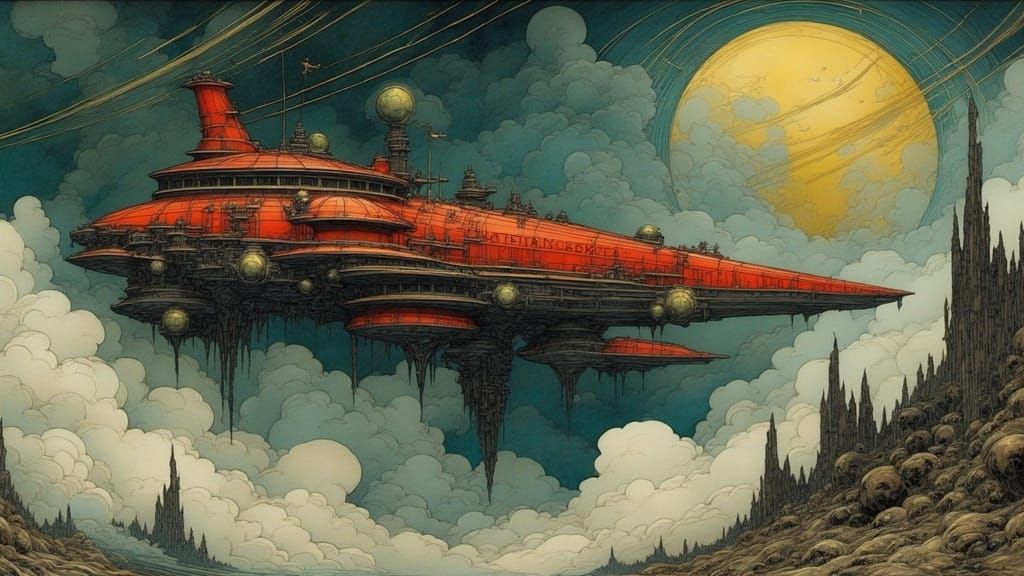 Mystical Planet Orbiting Colossal Military Spaceship in Meta...