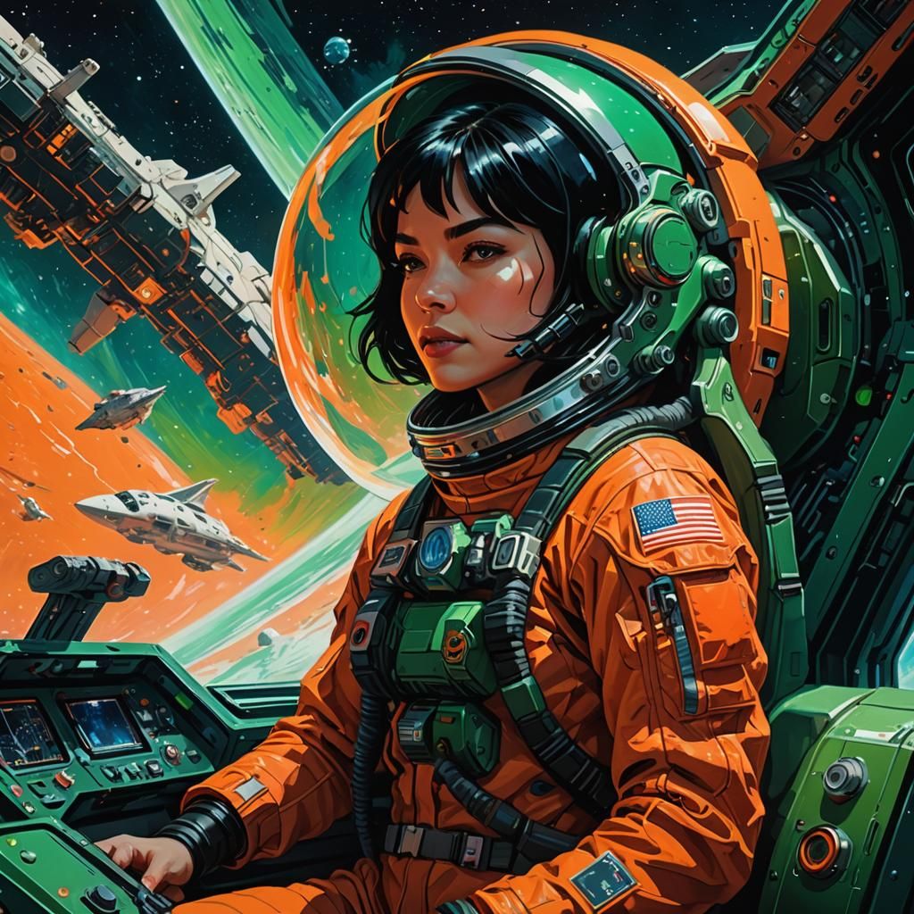 Astronaut in Orbit Above Alien Planet as Oil Painting