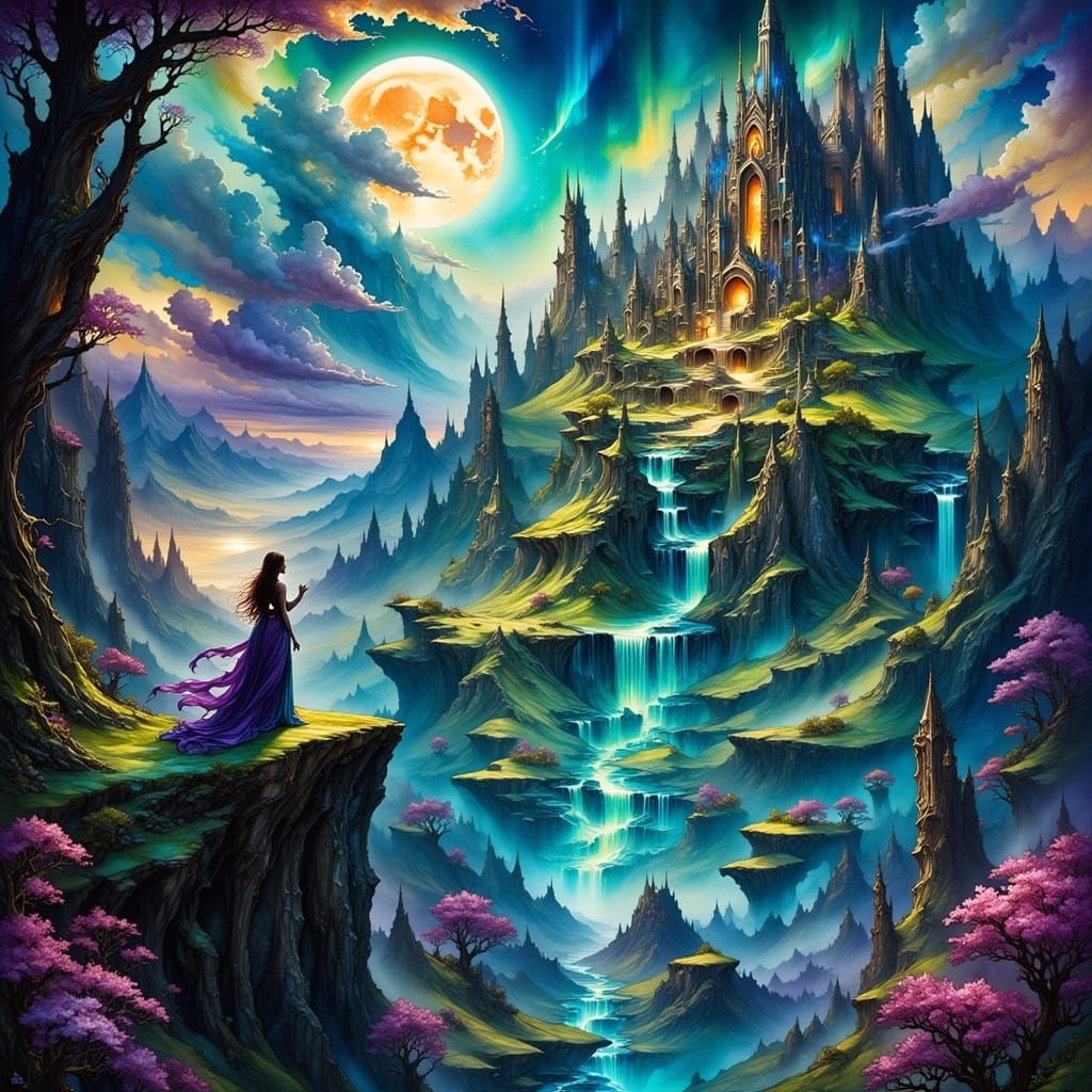 Mysterious Woman Overlooking Alien City in Fantasy Sci-Fi St...