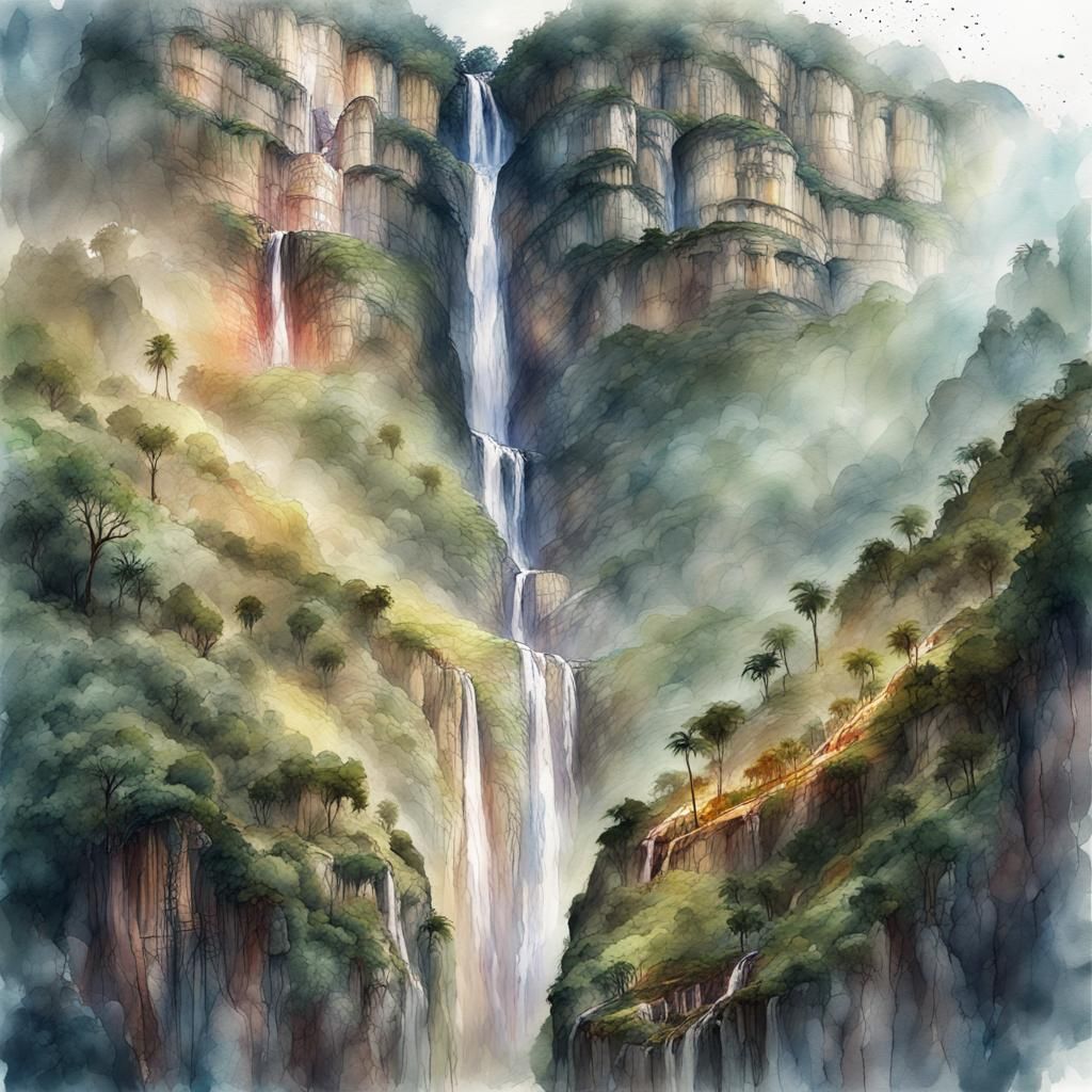 Gocta Waterfall in Peru: Digital Watercolor Illustration