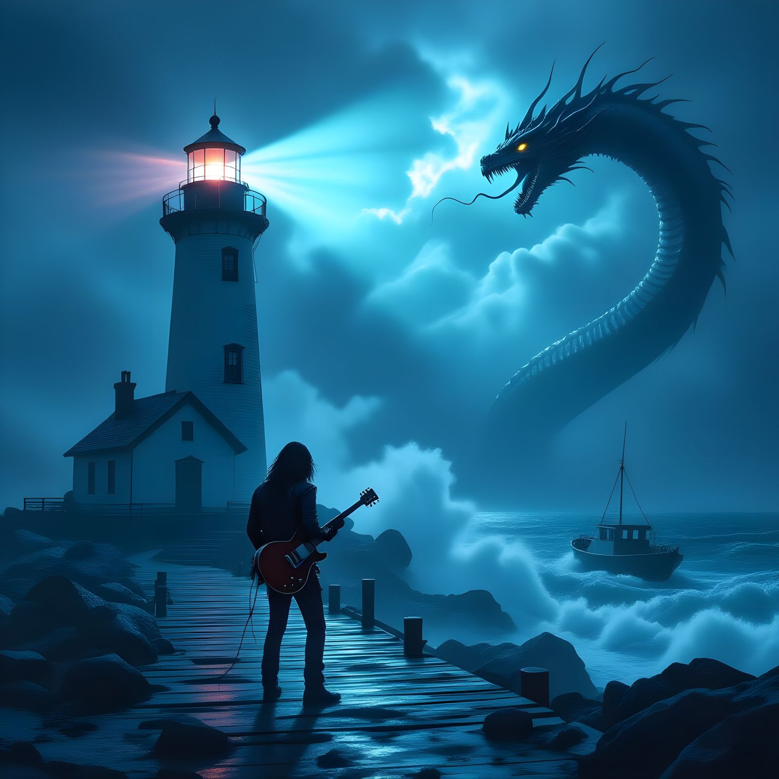 Cosmic Lighthouse with Spectral Guitarist in Stormy Sea
