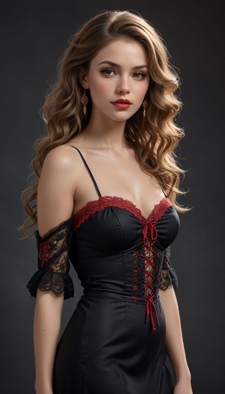 Gothic Mexican Woman in Crimson-Accented Dress