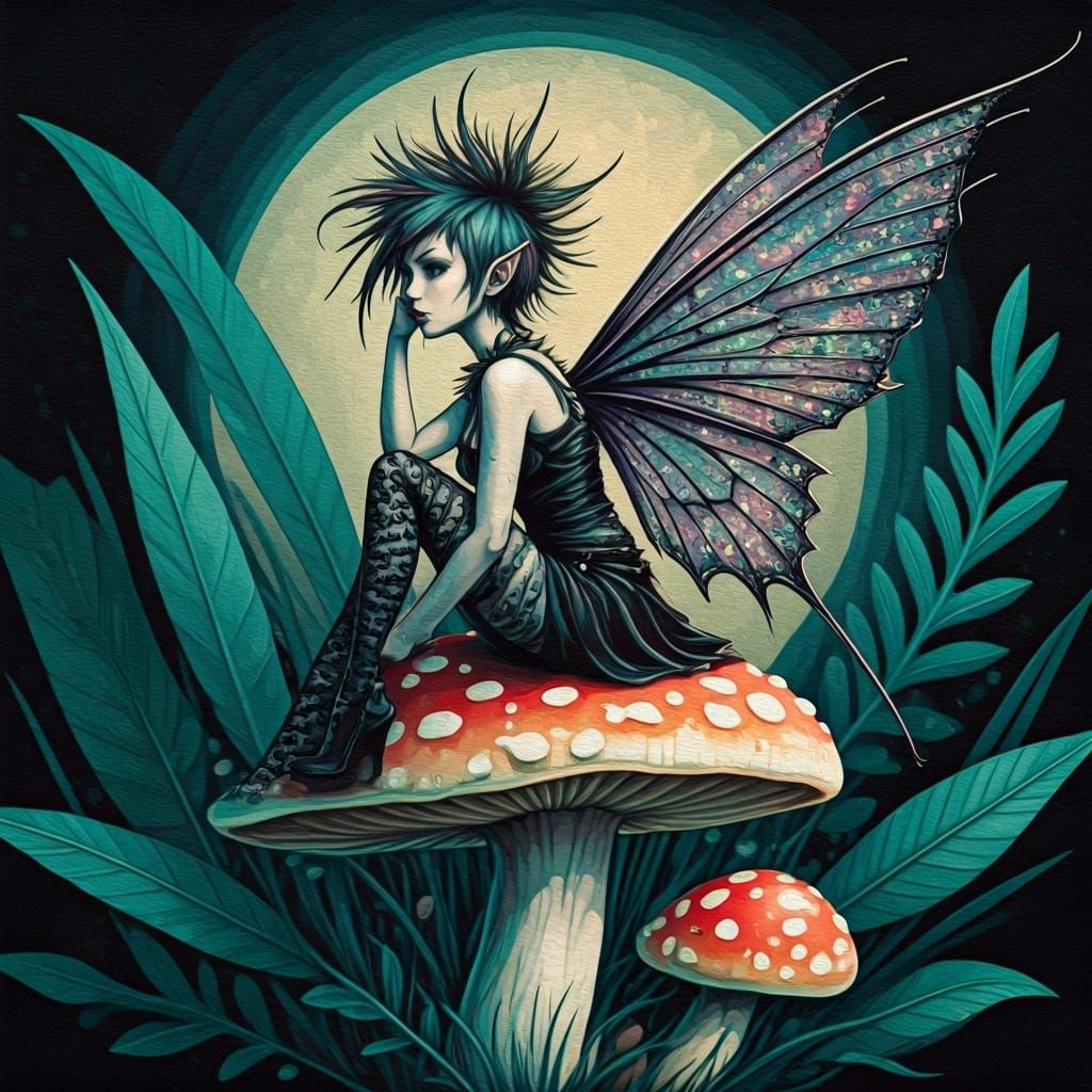 Punk Fairy on Toadstool in Acrylic Ink Style