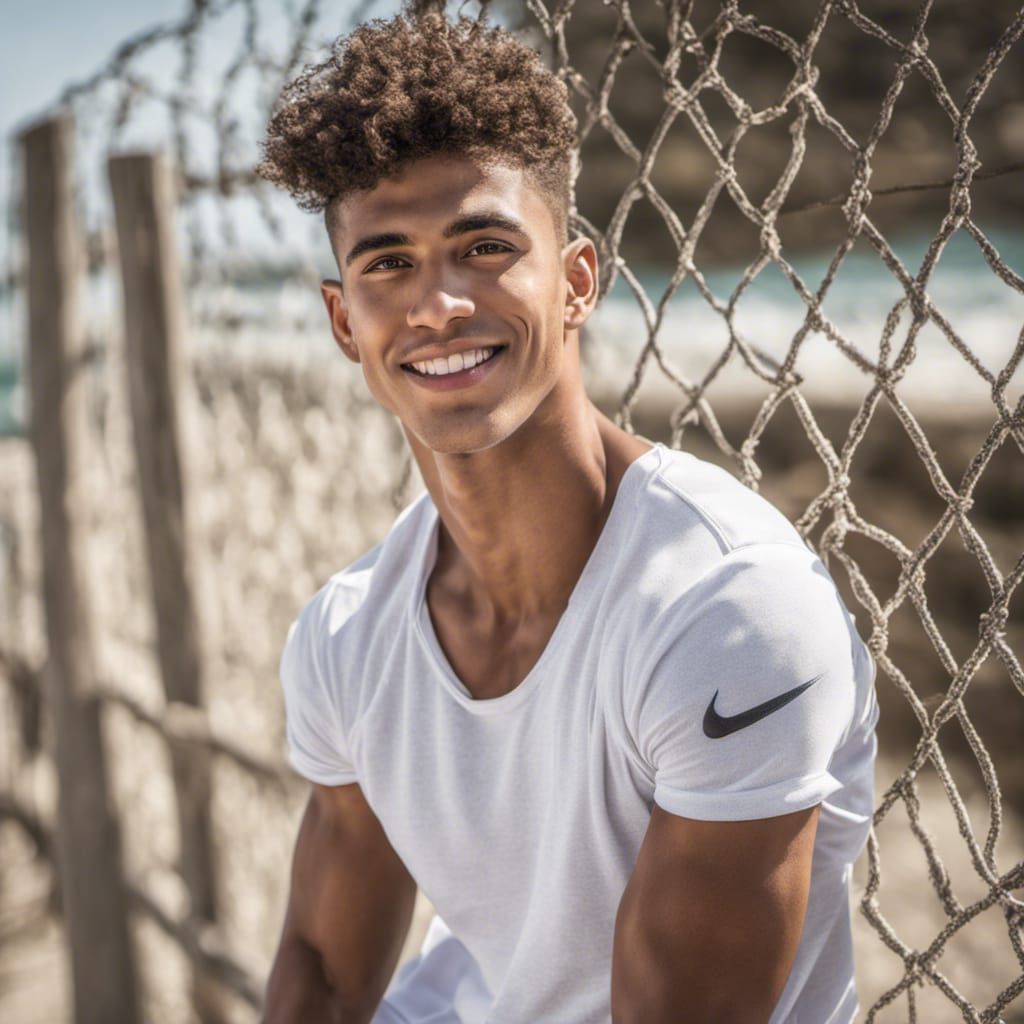 Hyperrealistic Image of a Handsome Young Man on Beach