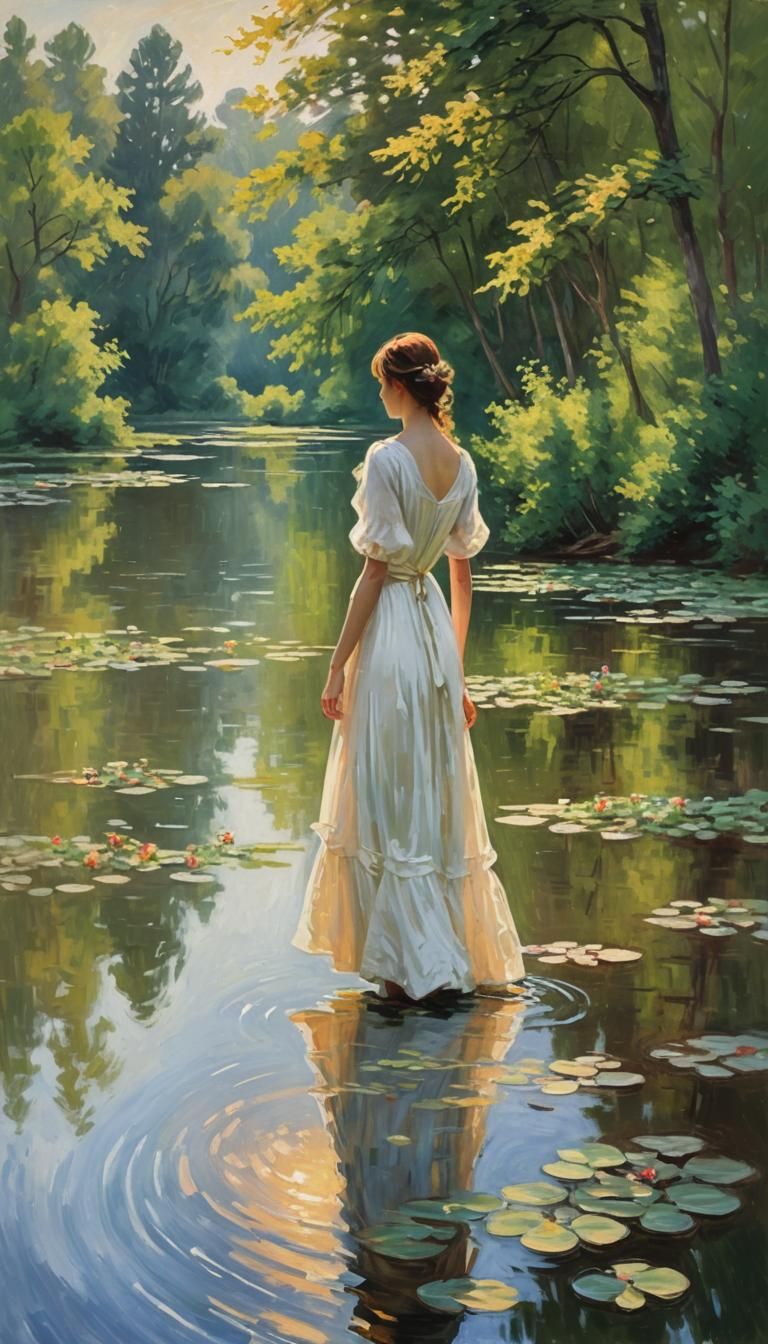 Impressionist Woman in Lakeside Landscape Painting