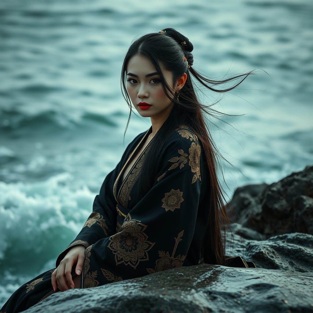 Mysterious Chinese Sorceress in Dramatic Sunrise Sea Portrai...