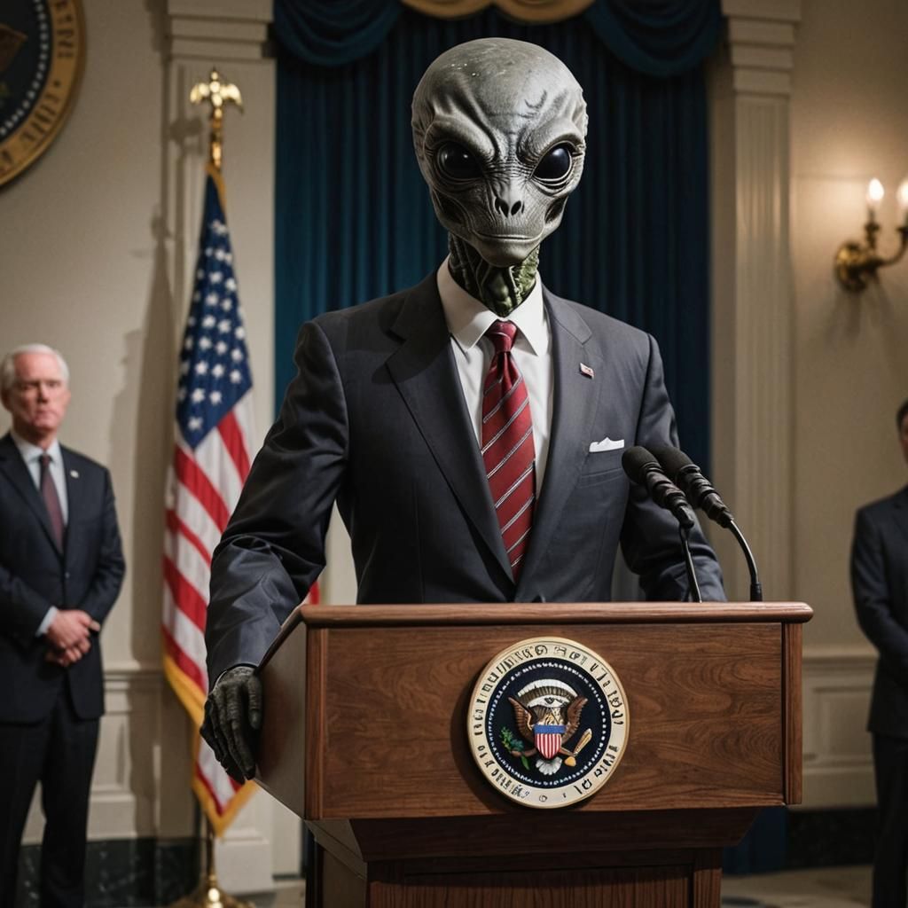 Alien President Giving Speech at Podium