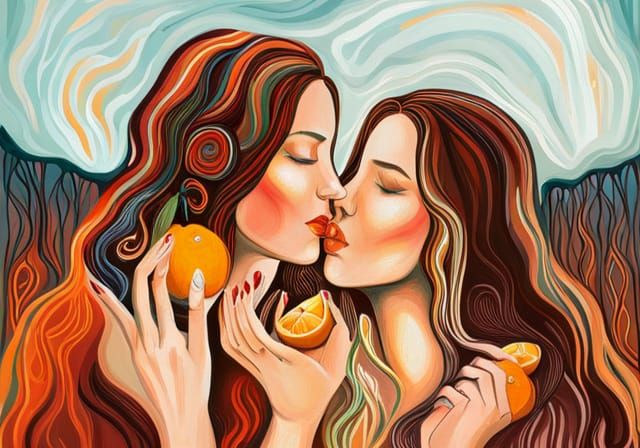 Women Share Oranges in German Expressionist Style