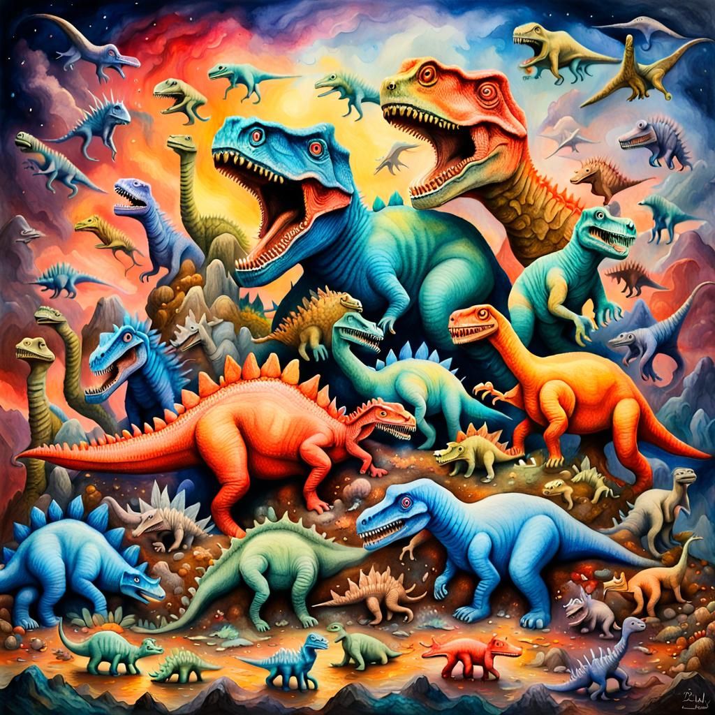 Surreal Dinosaur Diorama in Wet-on-Wet Watercolour