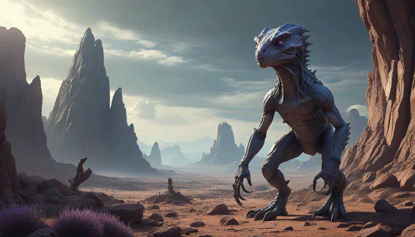 Reptilian Alien in Desolate Sci-Fi Landscape