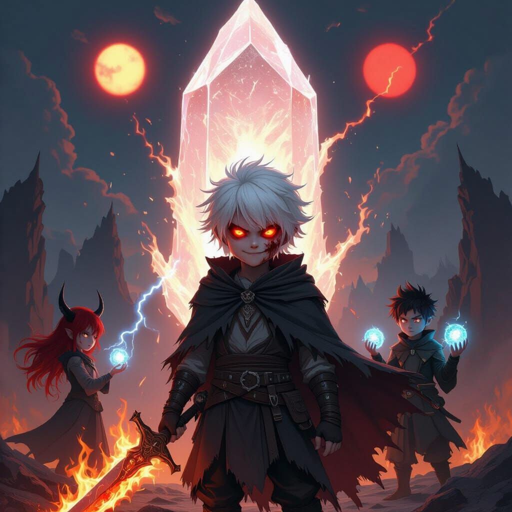 Young Demon Boy with Flaming Sword and Crystal Core