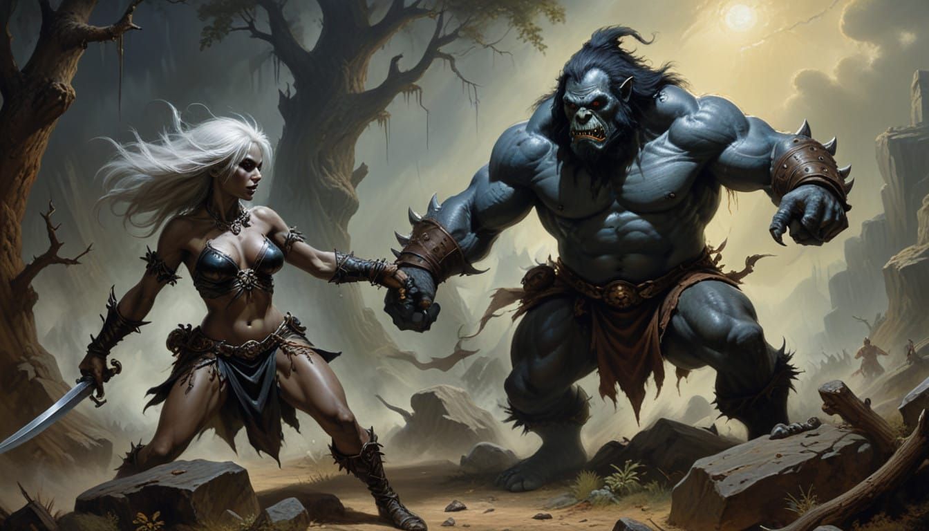 Sensual Drow Warrior Engages Chiaroscuro Ogre in Oil Paintin...