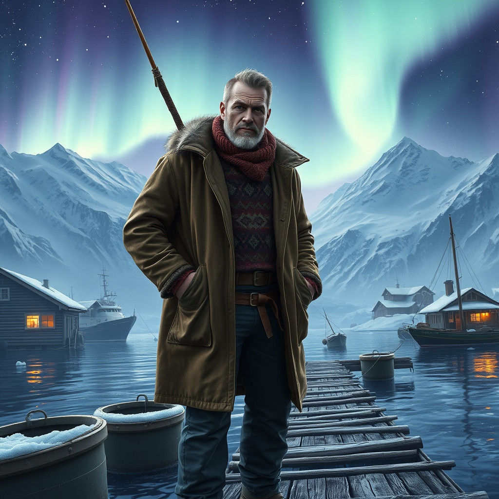 Alaskan Fisherman Under Aurora, Matte Painting Style