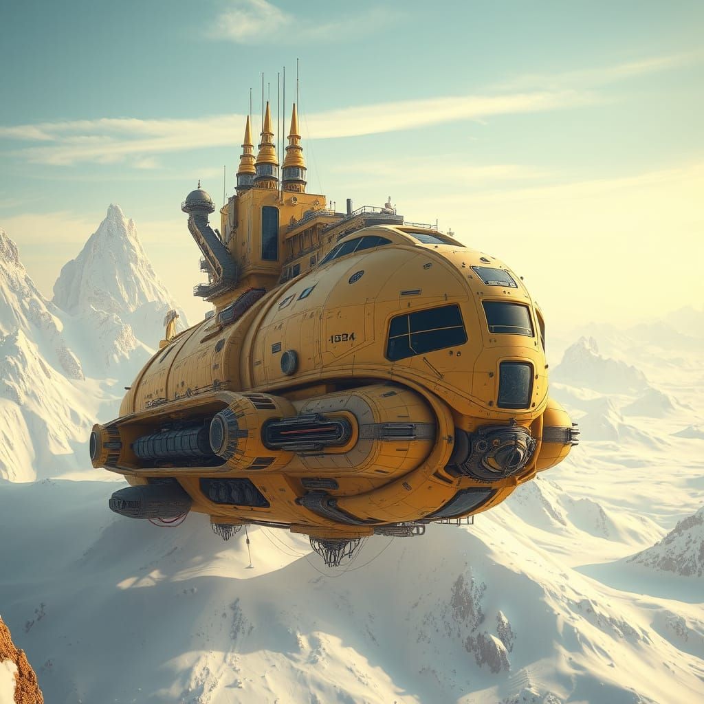 Futuristic Spaceship Floating in Snow and Ice