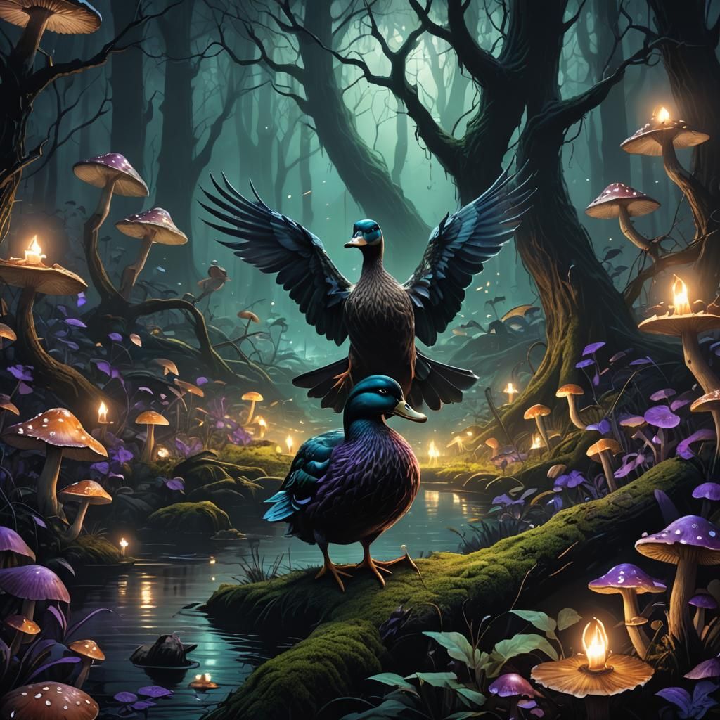 Duck in Dark Forest with Glowing Mushrooms