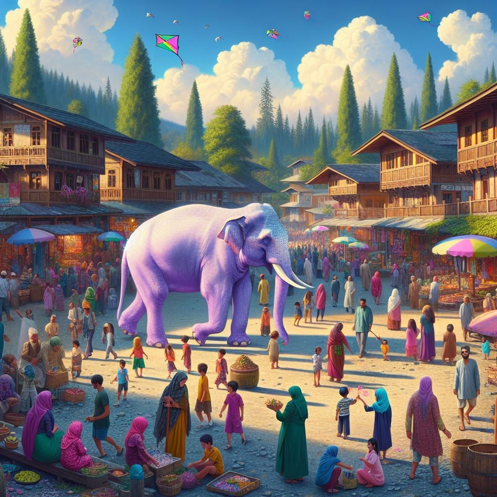 Lavender Elephant Strolls Through Bustling Village Square