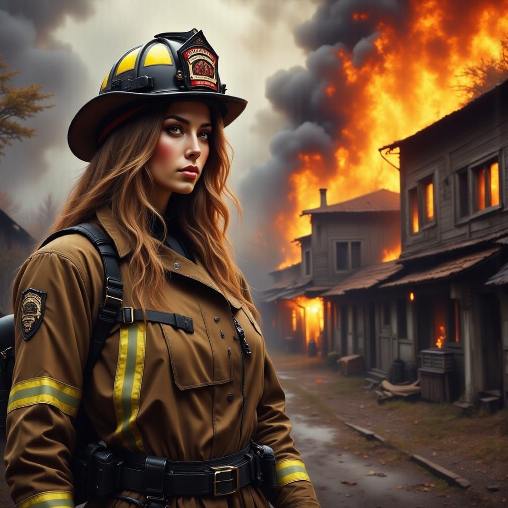 Female Firefighter Battling Blazing Building