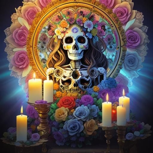 Chaotic Ofrenda with Angel Skeletons and Flowers