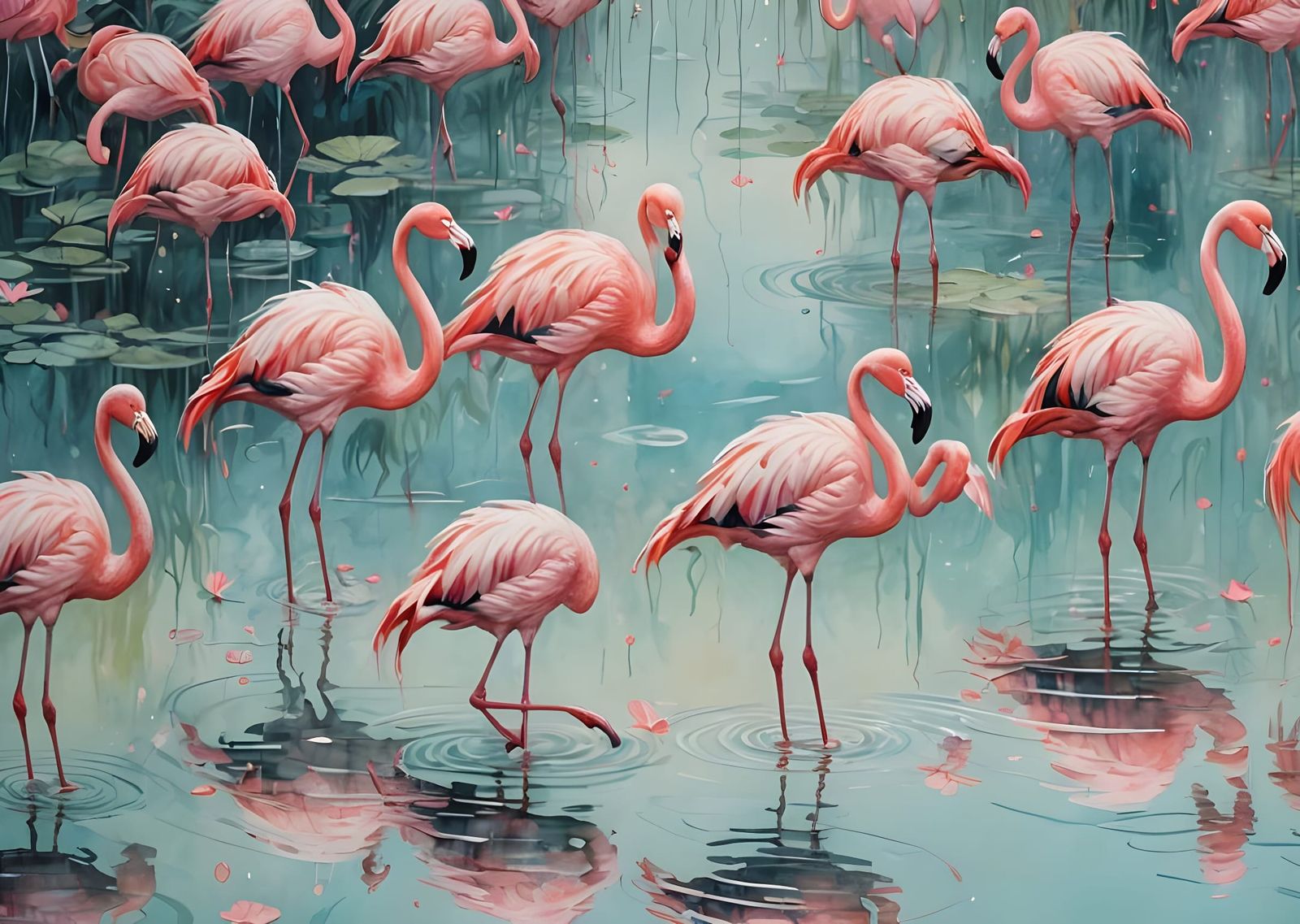 Pink flamingos in a beautiful water scene