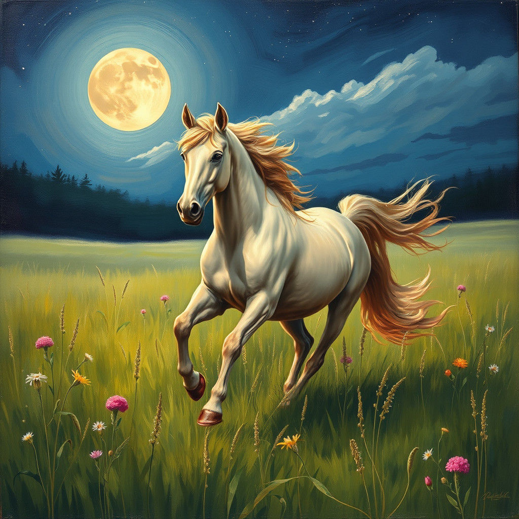 Horse Galloping in Moonlit Field, Impressionistic Oil Painti...