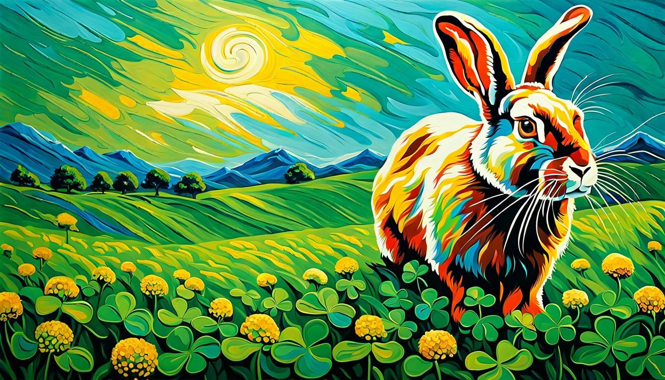 Lop-Eared Rabbit in Clover Field, Impasto Art