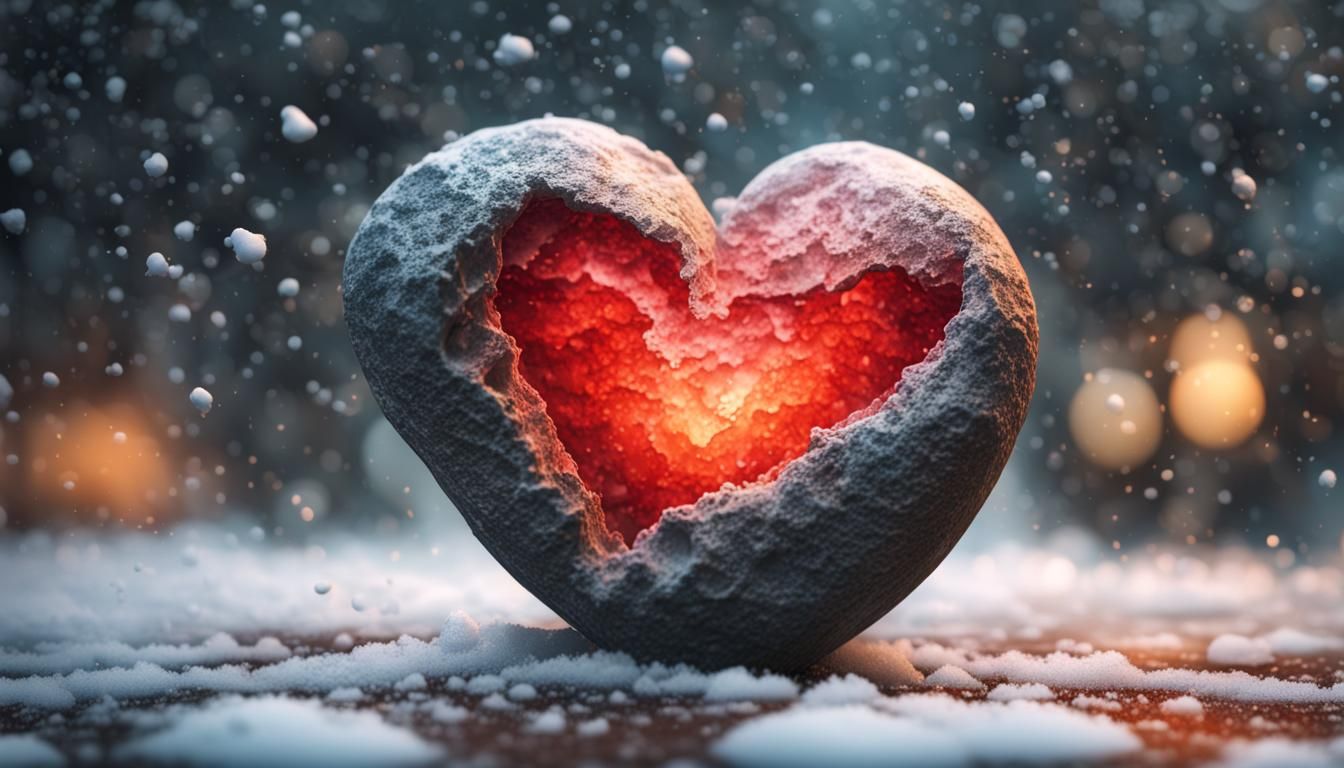 Hyperrealistic Stone Heart in Winter Snow