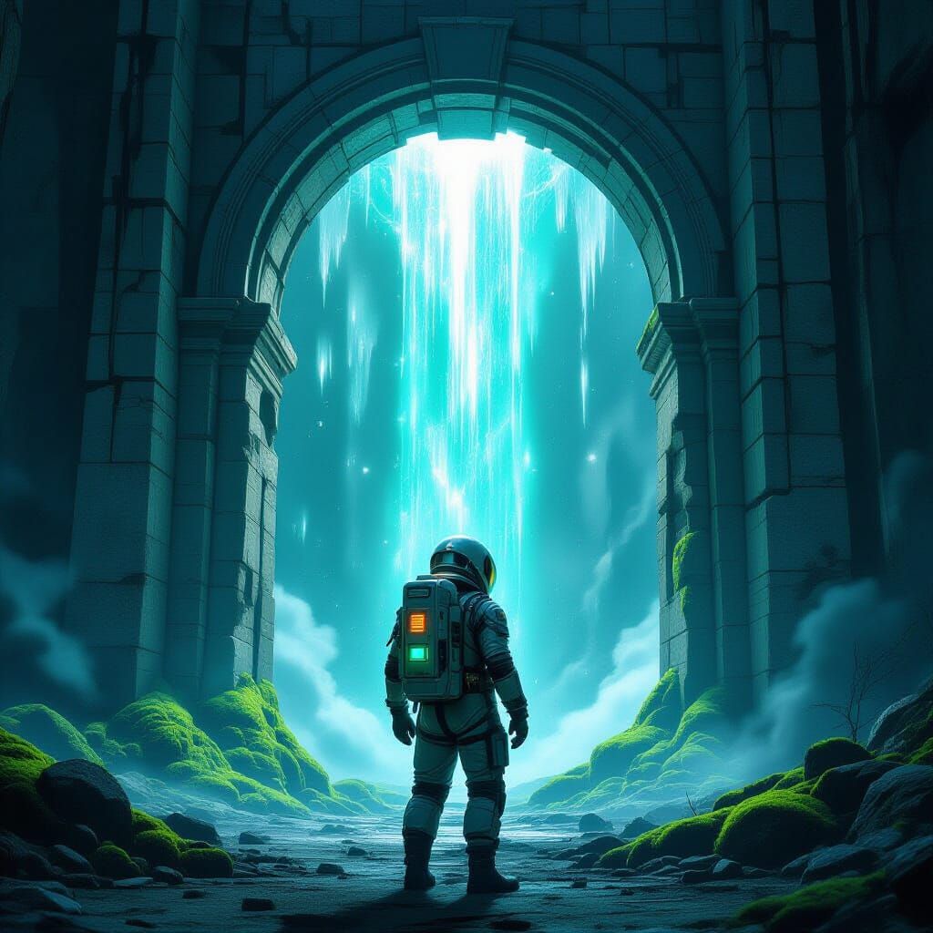 Astronaut and Glowing Archway in Sci-Fi Realm