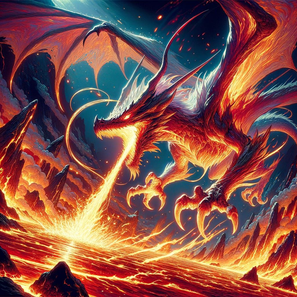 Fiery Dragon Soaring from Volcano, Japanese Animation Style