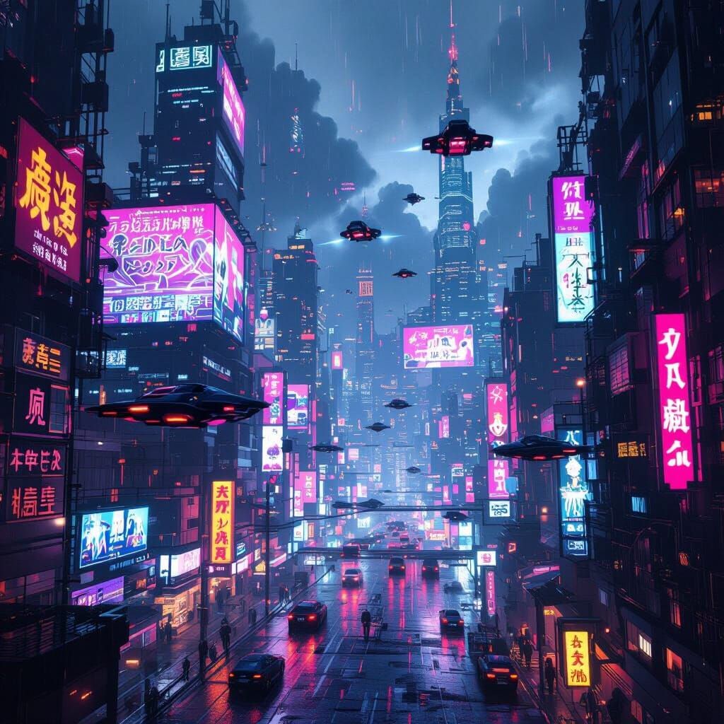 Cyberpunk Cityscape at Night with Neon Glow and Flying Cars