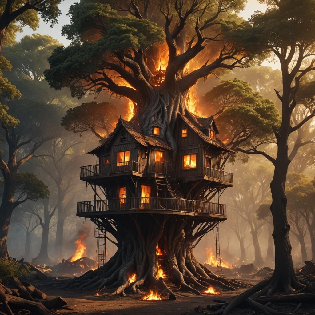 Inferno Engulfs Rustic Treehouse: Hyperrealistic Unreal Engi...