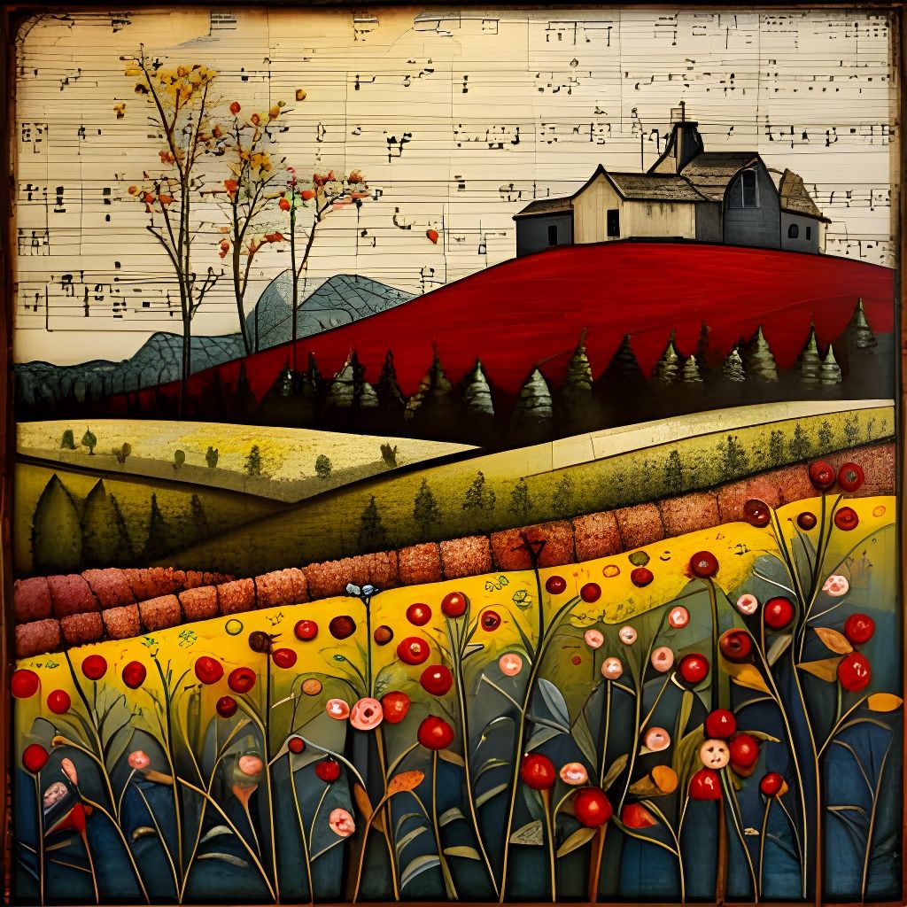 Wildflower Collage with Music and Newspaper Elements